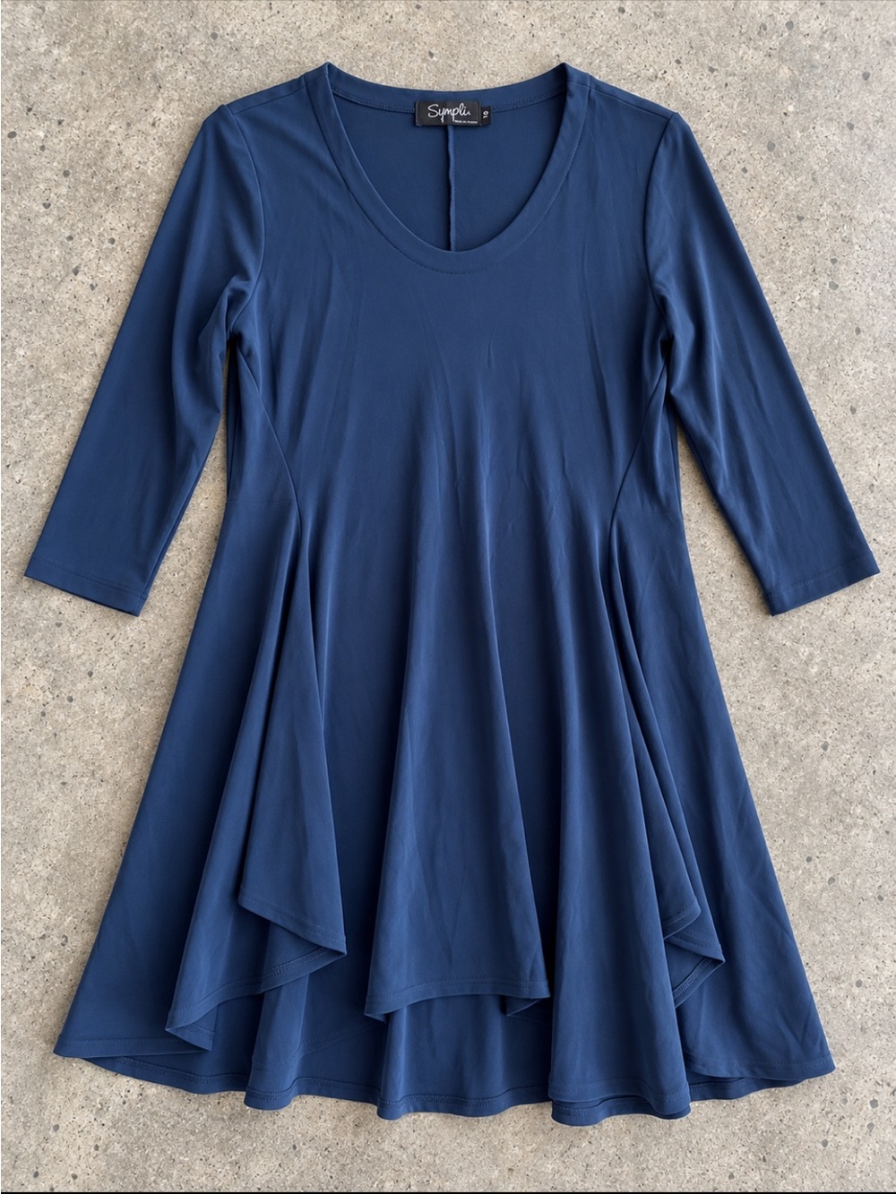 Sympli Layered Tunic Top Woman 10 Blue Grey 3/4 Sleeve Stretch Langenlook Artsy